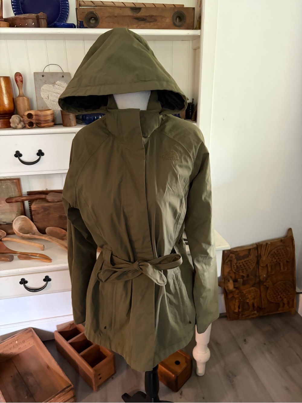 The North Face Olive Green Hooded Trench Coat with Belt